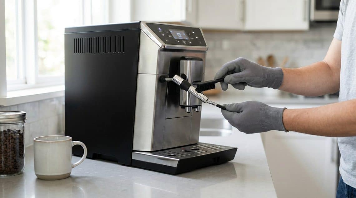 Une personne portant des gants gris nettoie la buse d'une machine à café avec une brosse dans une cuisine lumineuse.