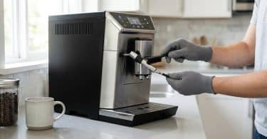 Une personne portant des gants gris nettoie la buse d'une machine à café avec une brosse dans une cuisine lumineuse.