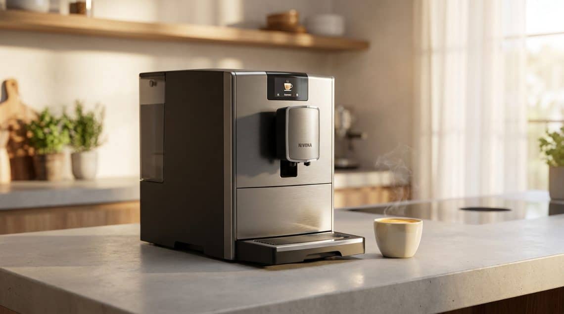 Machine &agrave; caf&eacute; &agrave; grain Nivona en acier inoxydable pos&eacute;e sur un comptoir de cuisine moderne avec une tasse fumante.