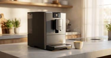 Machine à café à grain Nivona en acier inoxydable posée sur un comptoir de cuisine moderne avec une tasse fumante.