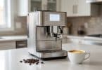 Machine à espresso automatique en acier inoxydable sur un comptoir de cuisine avec une tasse de café fumant.