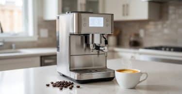 Machine à espresso automatique en acier inoxydable sur un comptoir de cuisine avec une tasse de café fumant.