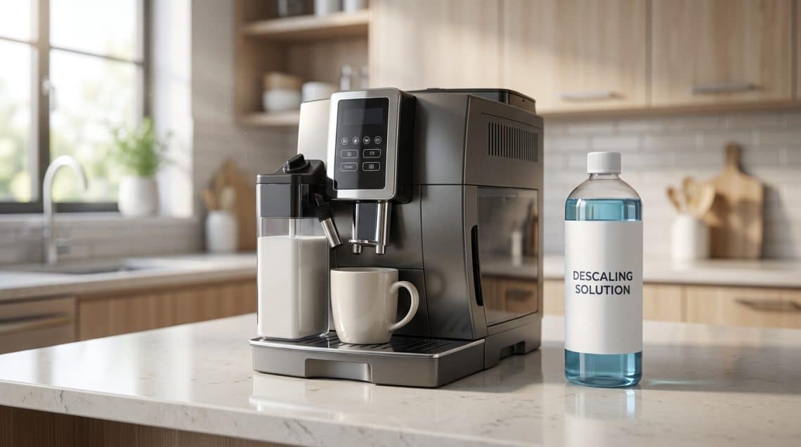Machine à café Philips LatteGo sur un plan de travail à côté d'une bouteille de solution de détartrage.