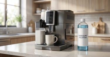 Machine à café Philips LatteGo sur un plan de travail à côté d'une bouteille de solution de détartrage.
