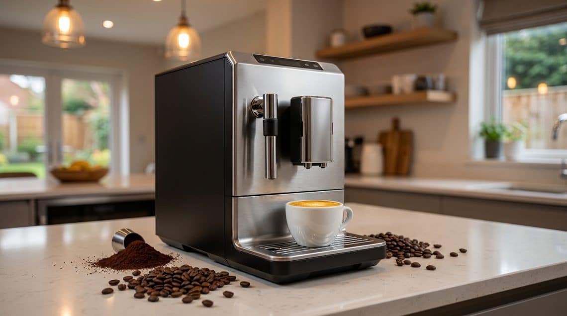 Machine à café à grain Gaggia en acier inoxydable sur un comptoir de cuisine moderne avec des grains de café.