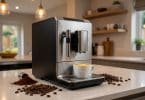 Machine à café à grain Gaggia en acier inoxydable sur un comptoir de cuisine moderne avec des grains de café.