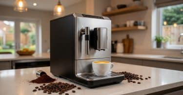 Machine à café à grain Gaggia en acier inoxydable sur un comptoir de cuisine moderne avec des grains de café.