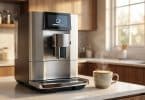 Machine à café automatique Siemens en acier inoxydable sur un comptoir de cuisine moderne avec une tasse fumante.