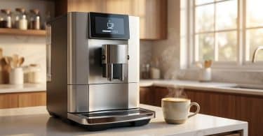 Machine à café automatique Siemens en acier inoxydable sur un comptoir de cuisine moderne avec une tasse fumante.
