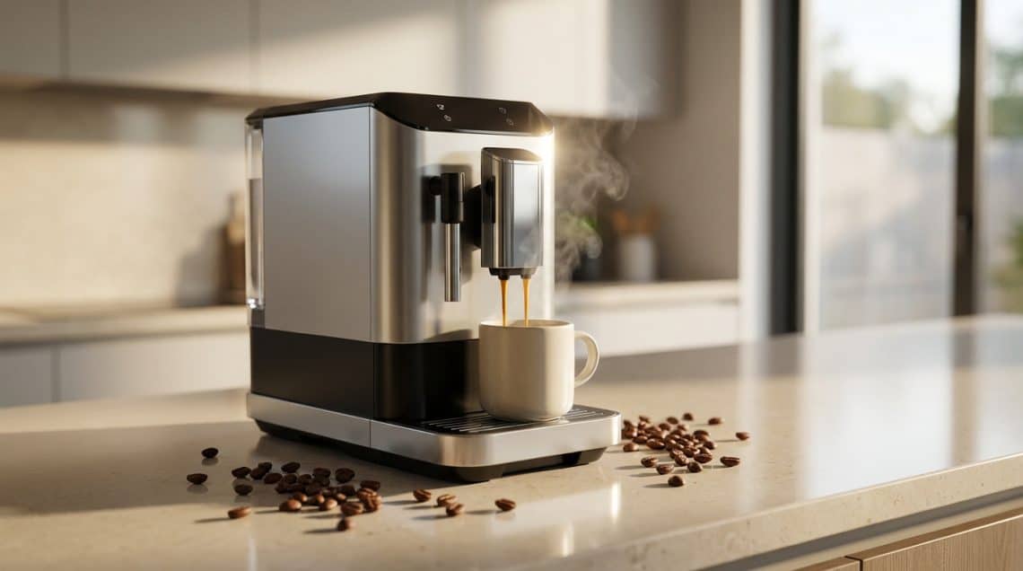 Machine à café automatique argentée en train de verser un espresso dans une tasse sur un plan de travail de cuisine.