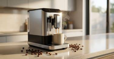 Machine à café automatique argentée en train de verser un espresso dans une tasse sur un plan de travail de cuisine.