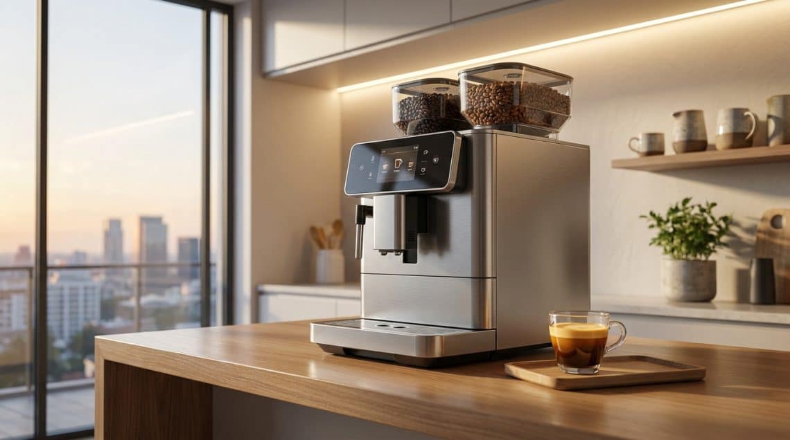 Machine à café automatique avec deux bacs à grains sur un comptoir de cuisine avec vue sur une ville au coucher du soleil.