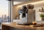 Machine à café automatique avec deux bacs à grains sur un comptoir de cuisine avec vue sur une ville au coucher du soleil.