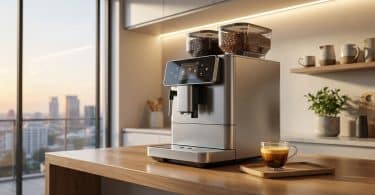 Machine à café automatique avec deux bacs à grains sur un comptoir de cuisine avec vue sur une ville au coucher du soleil.