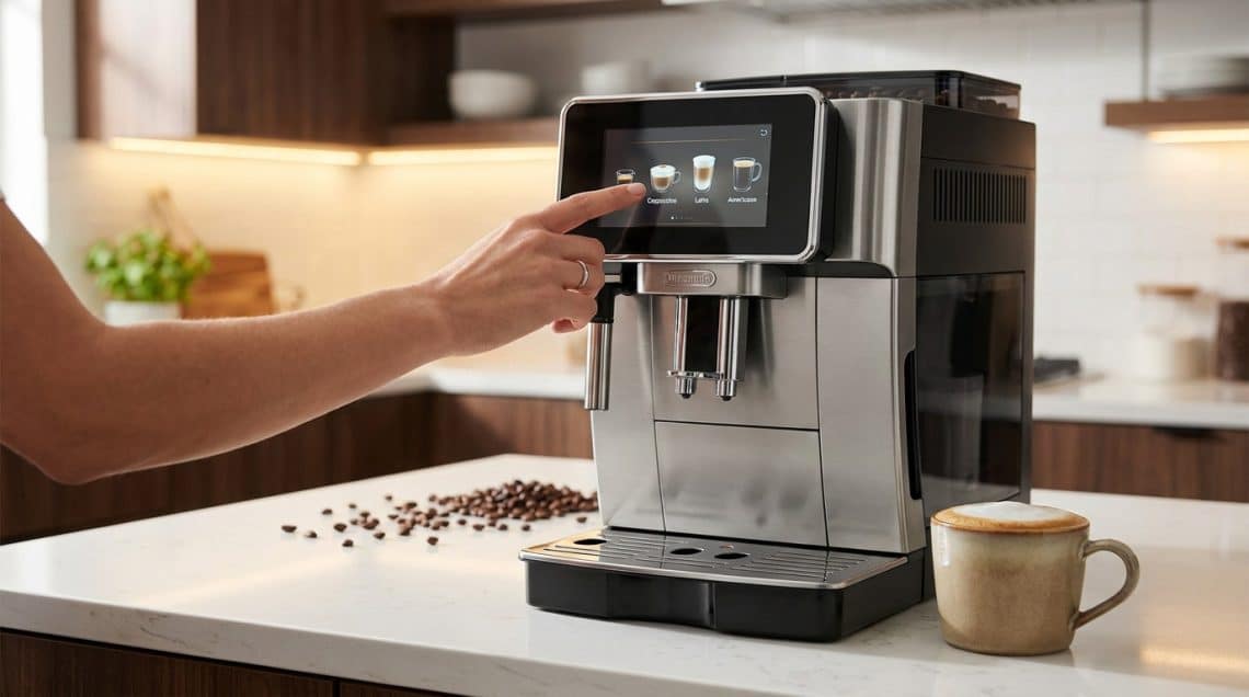 Une personne s&eacute;lectionne un caf&eacute; sur l'&eacute;cran tactile d'une machine &agrave; grain moderne dans une cuisine lumineuse.