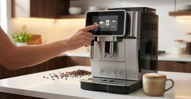 Une personne sélectionne un café sur l'écran tactile d'une machine à grain moderne dans une cuisine lumineuse.