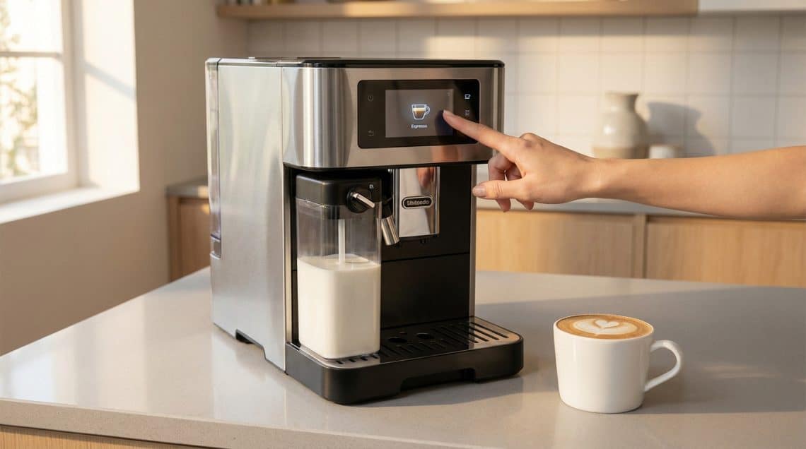 Une main sélectionne un expresso sur l'écran tactile d'une machine à café automatique avec carafe à lait intégrée.