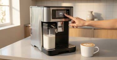 Une main sélectionne un expresso sur l'écran tactile d'une machine à café automatique avec carafe à lait intégrée.