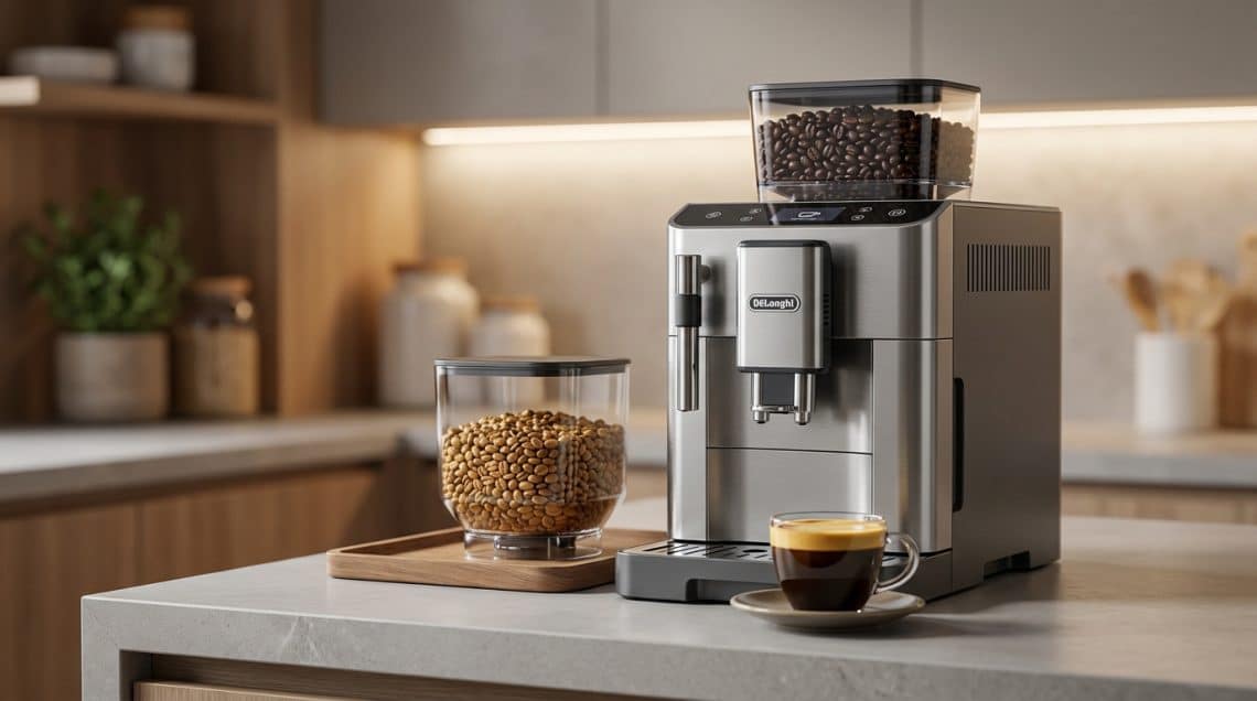 Machine &agrave; caf&eacute; De'Longhi Rivelia avec bacs &agrave; grains interchangeables sur un plan de travail de cuisine.