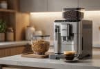Machine à café De'Longhi Rivelia avec bacs à grains interchangeables sur un plan de travail de cuisine.