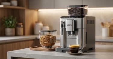 Machine à café De'Longhi Rivelia avec bacs à grains interchangeables sur un plan de travail de cuisine.