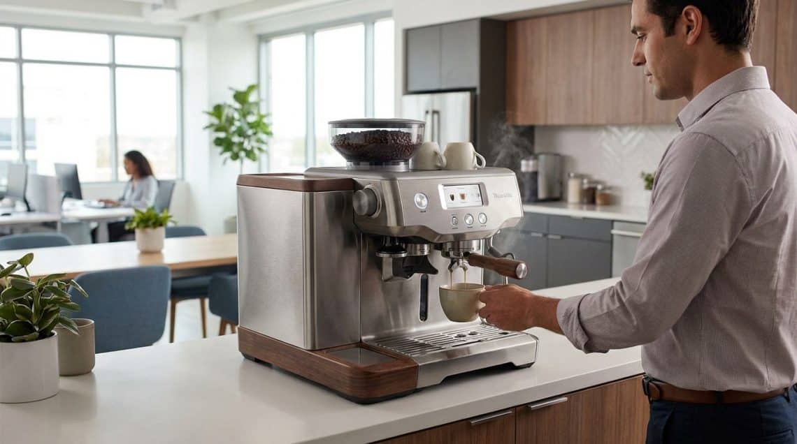 Un employé prépare un café avec une machine à grain en inox dans une cuisine de bureau moderne.