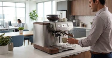 Un employé prépare un café avec une machine à grain en inox dans une cuisine de bureau moderne.