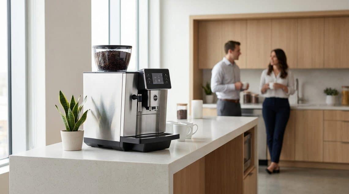 Machine &agrave; caf&eacute; &agrave; grains sur un comptoir de cuisine de bureau avec deux coll&egrave;gues discutant en arri&egrave;re-plan.