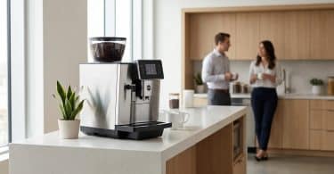 Machine à café à grains sur un comptoir de cuisine de bureau avec deux collègues discutant en arrière-plan.