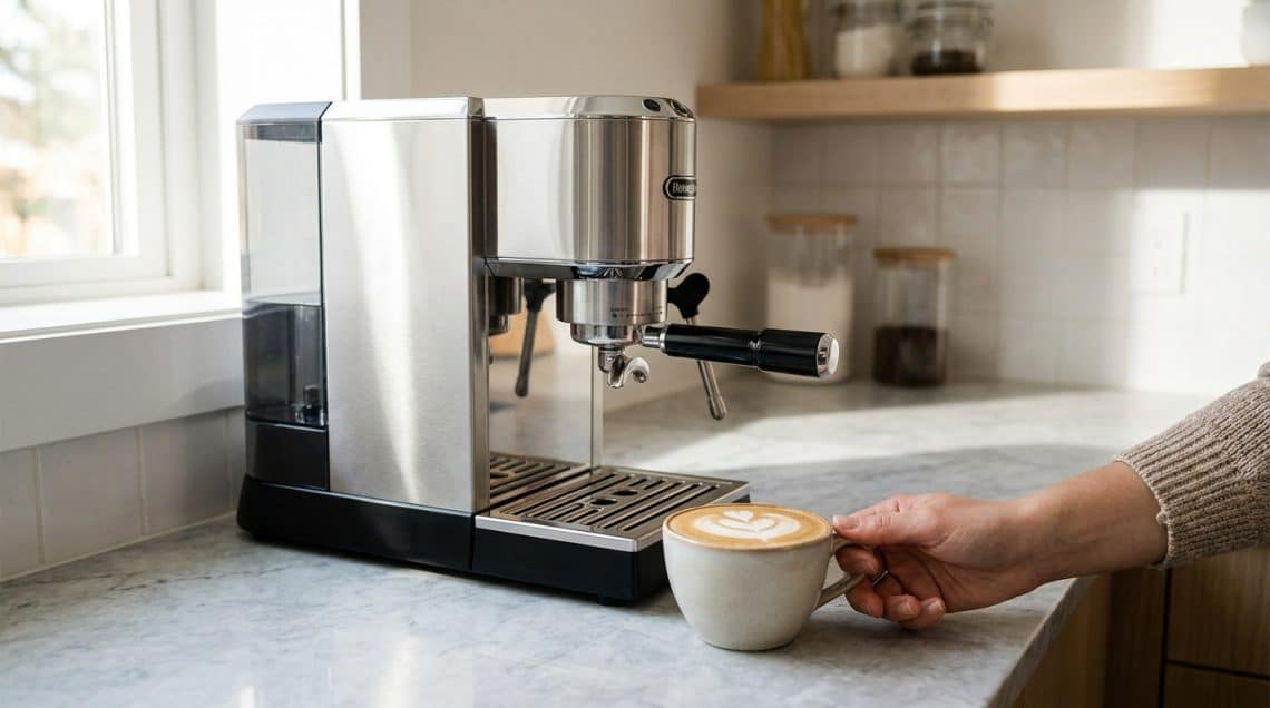 Une personne tient une tasse de cappuccino devant une machine à café espresso en acier inoxydable dans une cuisine.