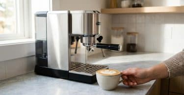 Une personne tient une tasse de cappuccino devant une machine à café espresso en acier inoxydable dans une cuisine.