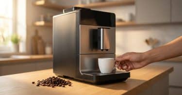 Une machine à expresso automatique moderne sur un comptoir en bois avec une tasse de café et des grains à côté.
