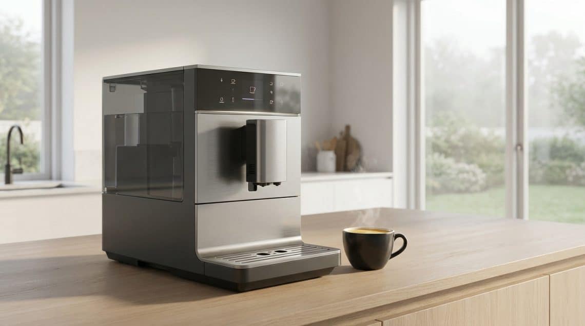 Machine à café à grain moderne en inox posée sur un plan de travail en bois avec une tasse de café fumant.