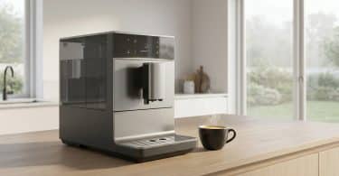 Machine à café à grain moderne en inox posée sur un plan de travail en bois avec une tasse de café fumant.