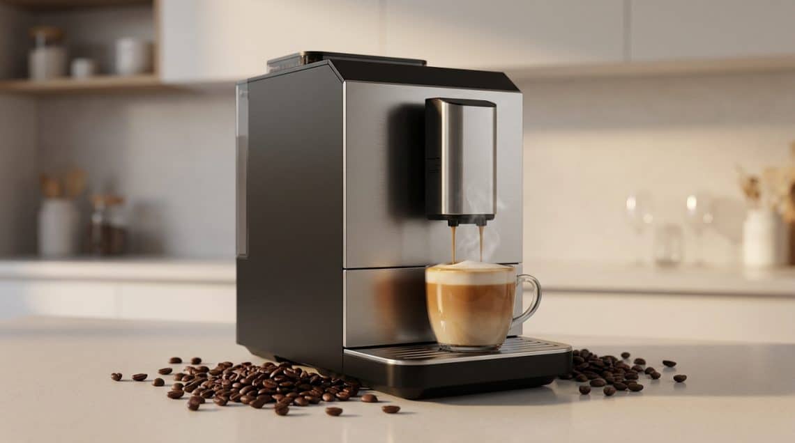 Machine à café à grain Scott moderne en acier inoxydable préparant un cappuccino sur un comptoir de cuisine.