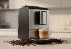 Machine à café à grain Scott moderne en acier inoxydable préparant un cappuccino sur un comptoir de cuisine.