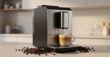 Machine à café à grain Scott moderne en acier inoxydable préparant un cappuccino sur un comptoir de cuisine.