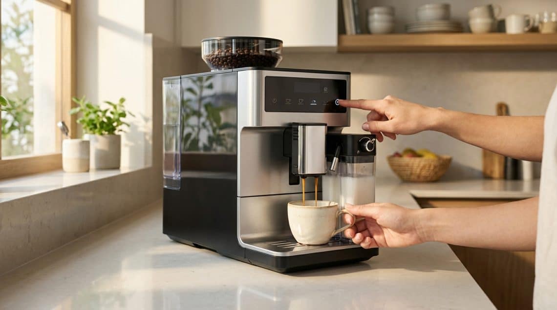Une personne utilise une machine à café à grain Philips moderne dans une cuisine lumineuse pour préparer un expresso.