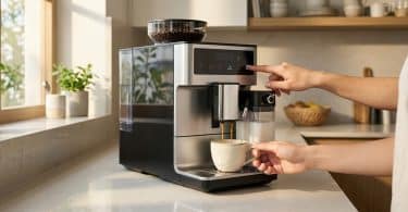 Une personne utilise une machine à café à grain Philips moderne dans une cuisine lumineuse pour préparer un expresso.