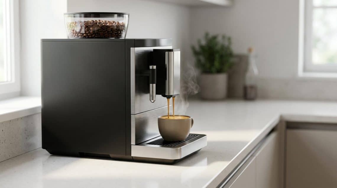 Machine à espresso noire moderne versant du café chaud dans une tasse posée sur un plan de travail.