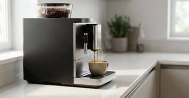 Machine à espresso noire moderne versant du café chaud dans une tasse posée sur un plan de travail.