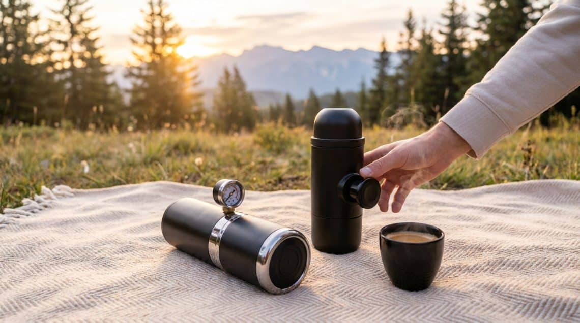 Deux machines &agrave; caf&eacute; portables sur une couverture dans un paysage de montagne au coucher du soleil.