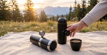 Deux machines à café portables sur une couverture dans un paysage de montagne au coucher du soleil.