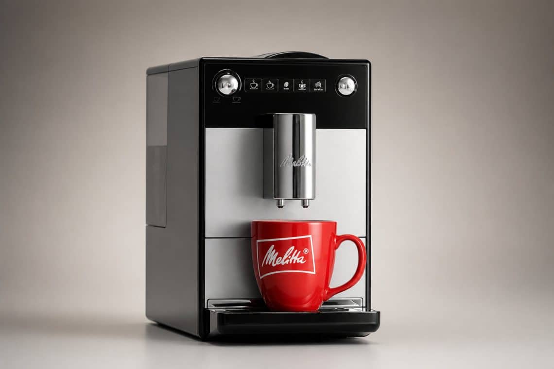 Machine &agrave; caf&eacute; &agrave; grain Melitta noire et argent&eacute;e avec une tasse rouge logot&eacute;e, sur fond gris neutre.