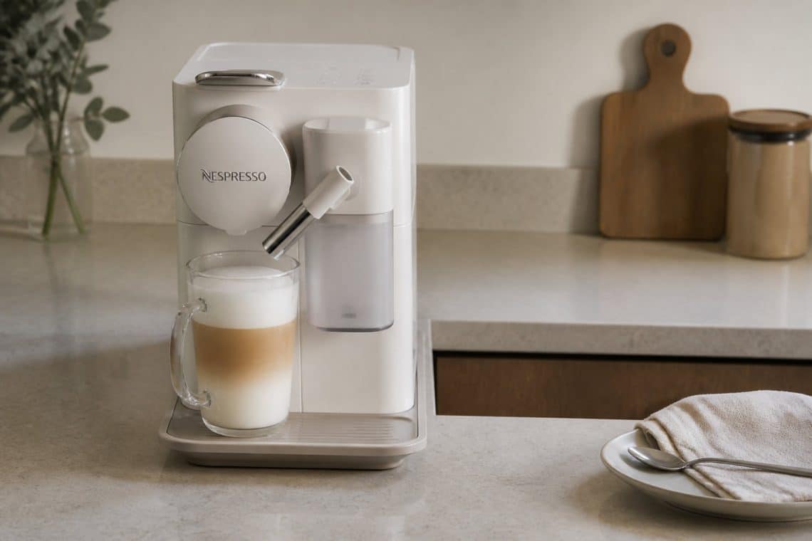 Machine &agrave; caf&eacute; Nespresso blanche sur un plan de travail avec un verre de cappuccino fra&icirc;chement pr&eacute;par&eacute;.