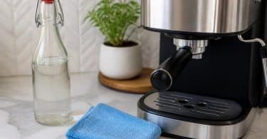 Une cafetière expresso moderne sur un comptoir en marbre avec une bouteille d'eau et une plante.