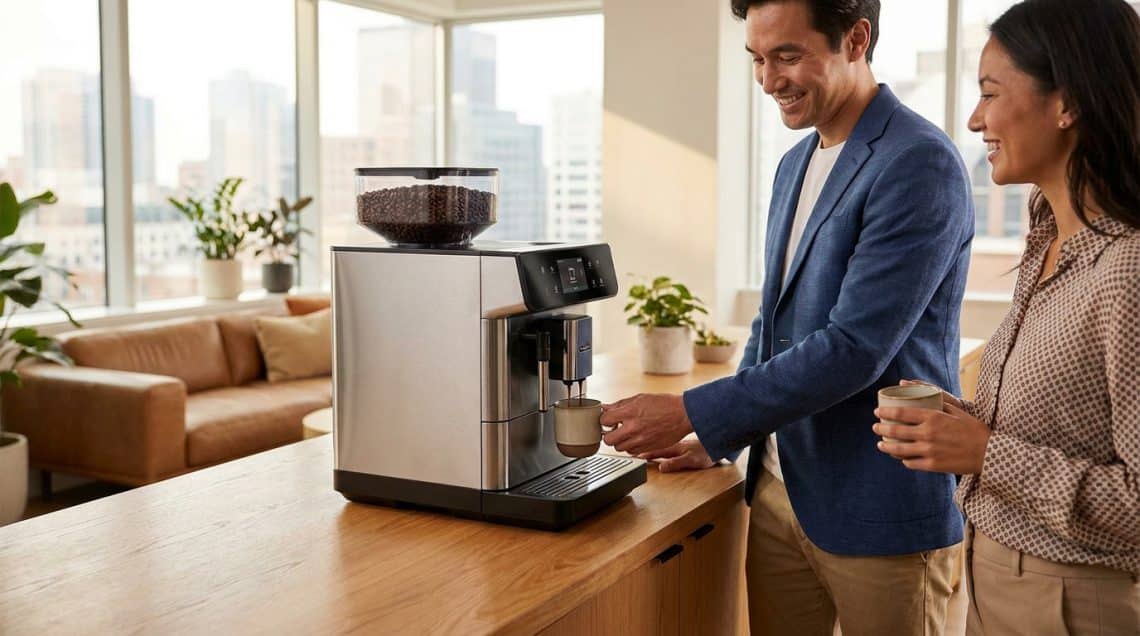 Un couple professionnel utilise une machine à café à grains dans un bureau moderne et lumineux.
