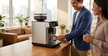 Un couple professionnel utilise une machine à café à grains dans un bureau moderne et lumineux.
