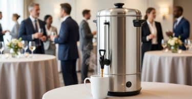 Un percolateur à café professionnel en inox remplissant une tasse blanche lors d'une réception d'entreprise.