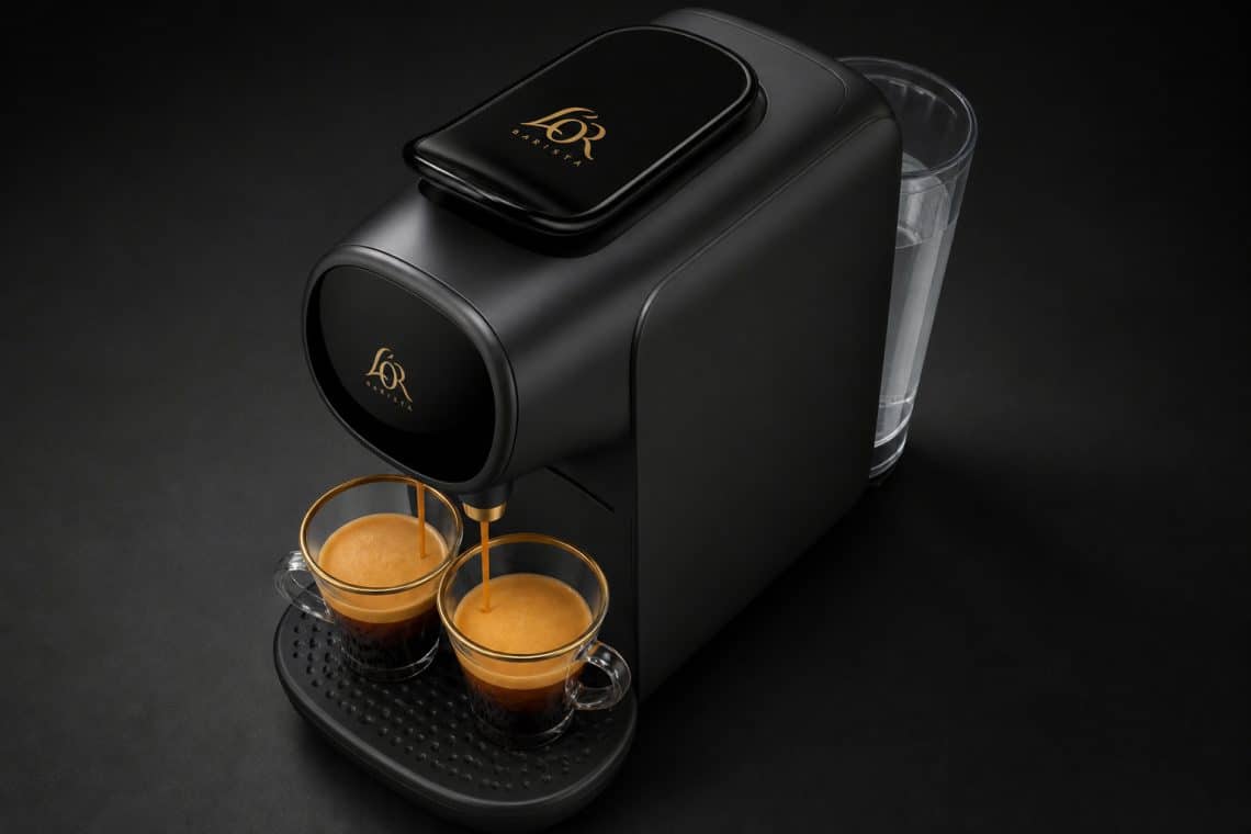 Machine &agrave; caf&eacute; noire L'OR Barista pr&eacute;parant deux expressos dans des tasses en verre sur fond sombre.
